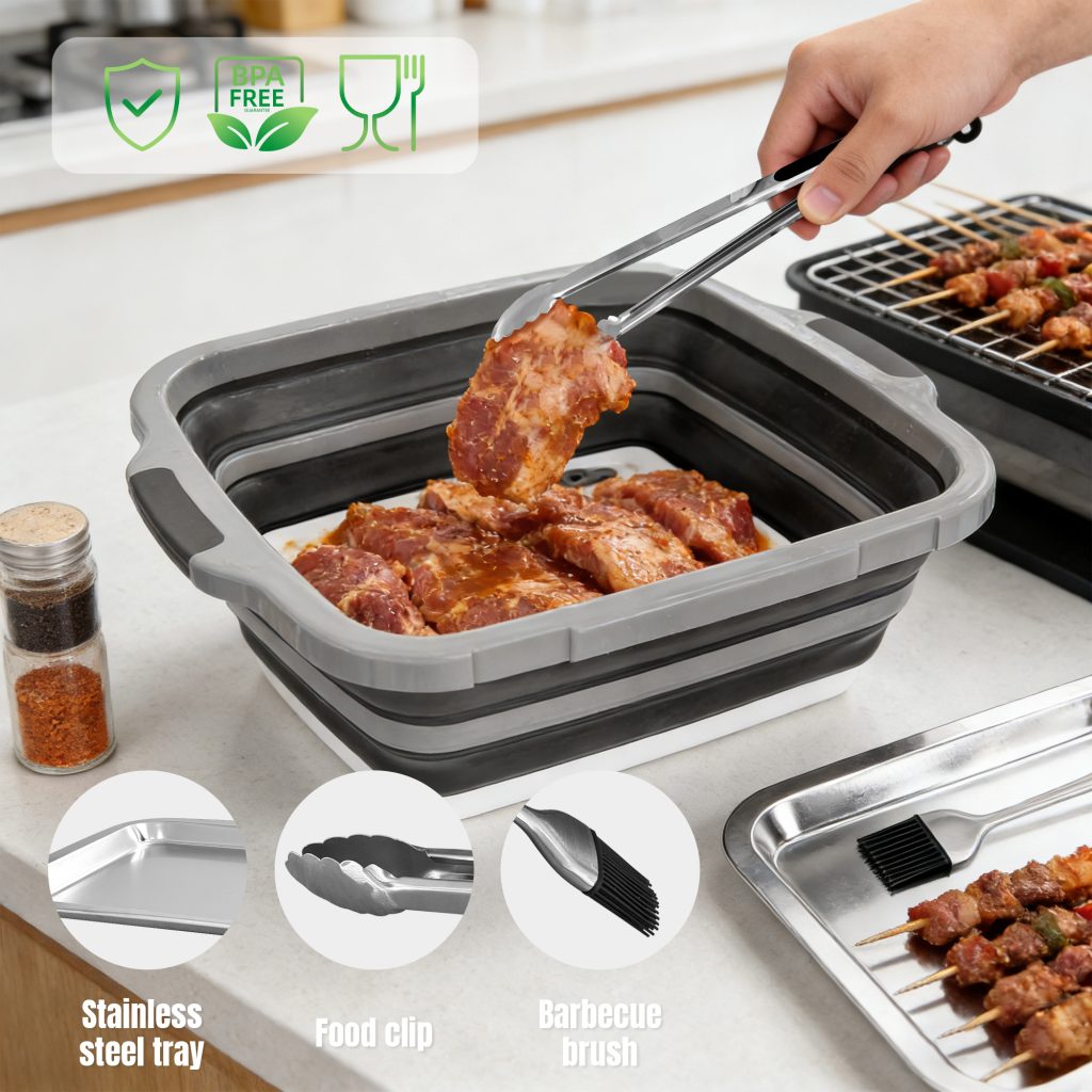 BBQ Folding Basket Set with Tray, Clips & Brush detail 1