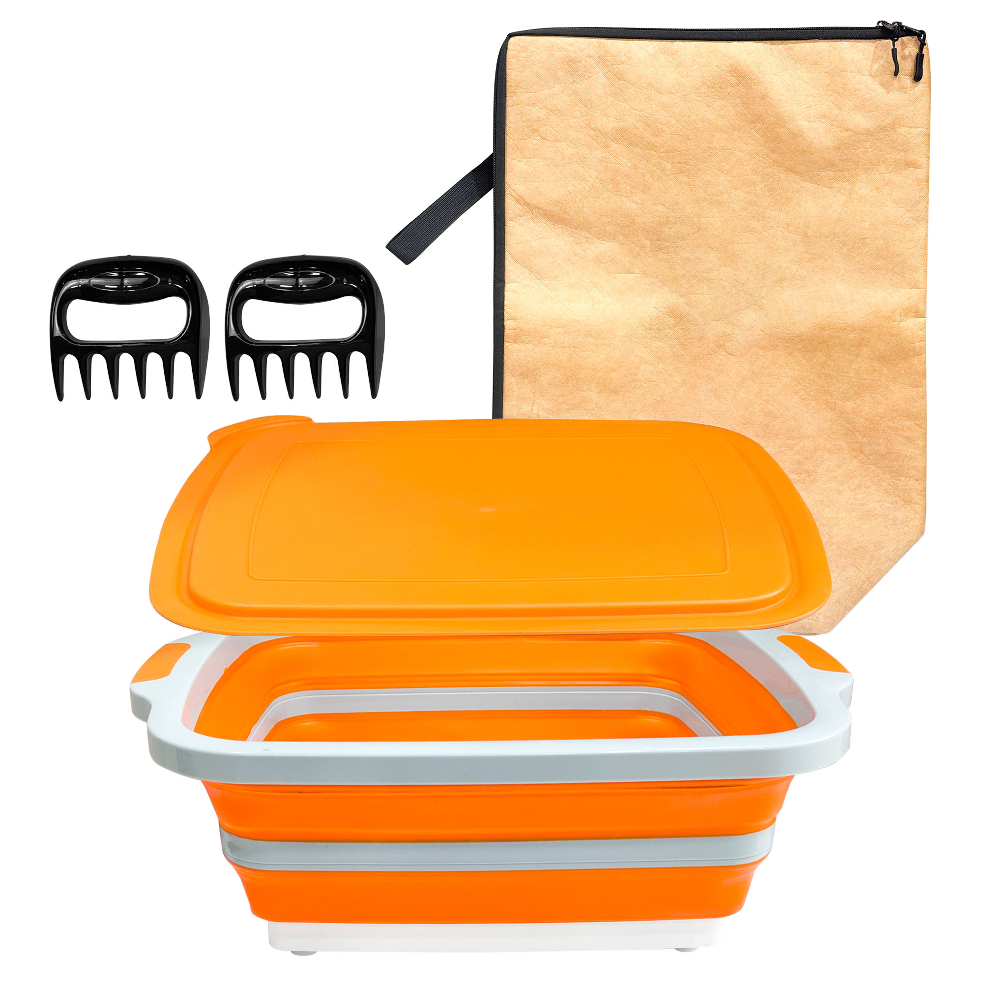 Ensemble de préparation BBQ pliable 16L avec sac isotherme et griffes à viande (Orange)
