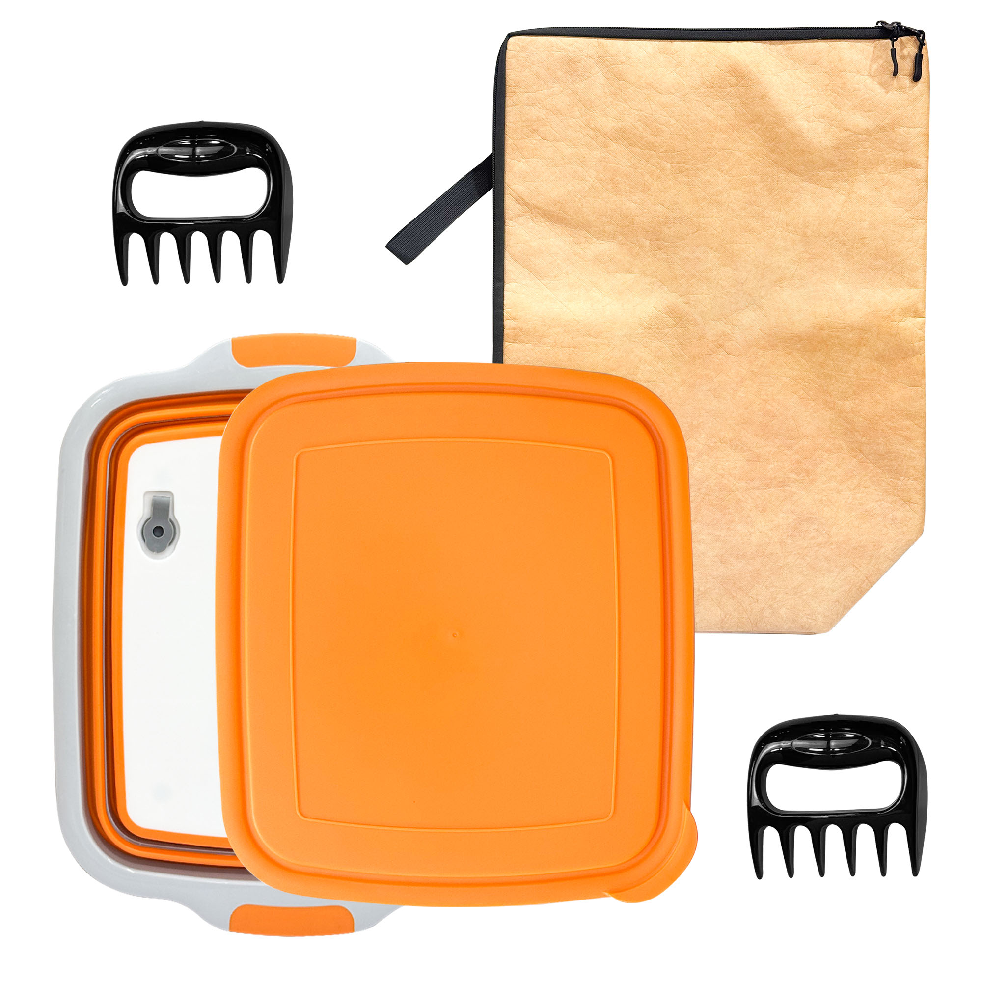 Ensemble de préparation BBQ pliable 16L avec sac isotherme et griffes à viande (Orange)